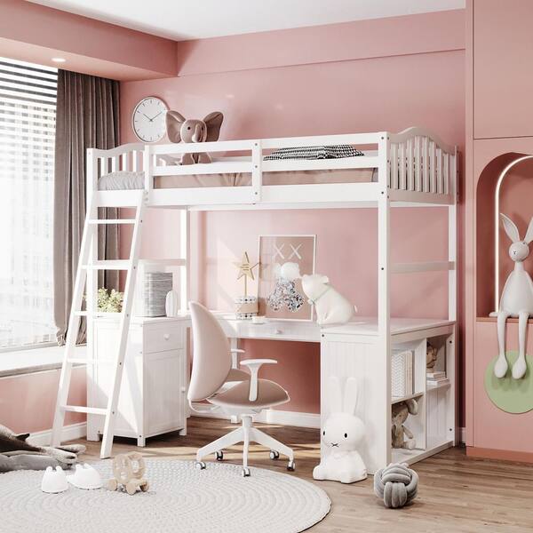 White Twin Size Wooden Loft Bed, Wooden Bunk Beds With Drawers And Desk
