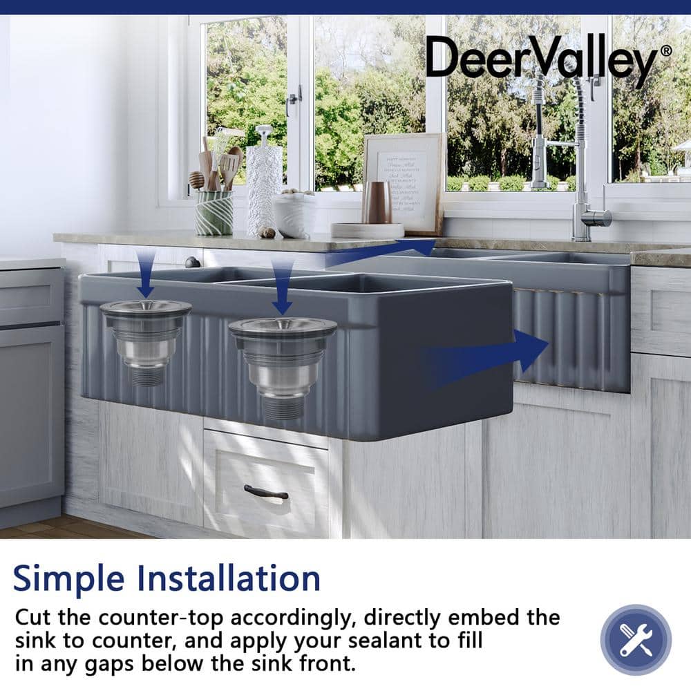 Gray Fireclay Double Bowl Farmhouse Kitchen Sink with Grid and Strainer
