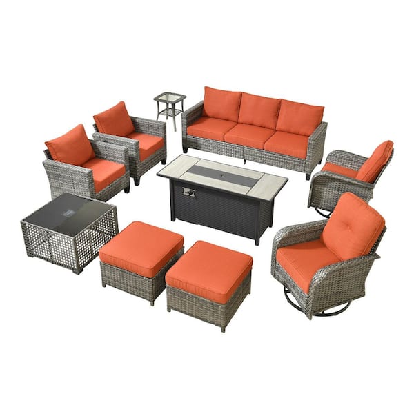 Scarlet 10-Piece Wicker Outdoor Fire Pit Patio Conversation Sofa Set with Swivel Chairs, a LED Table and Red Cushions
