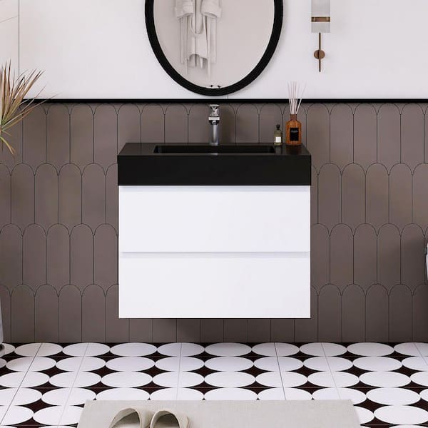 30 in. W x 18 in. D x 25.2 in. H Single Sink Wall-Mounted Bath Vanity in White with Black Solid Surface Top