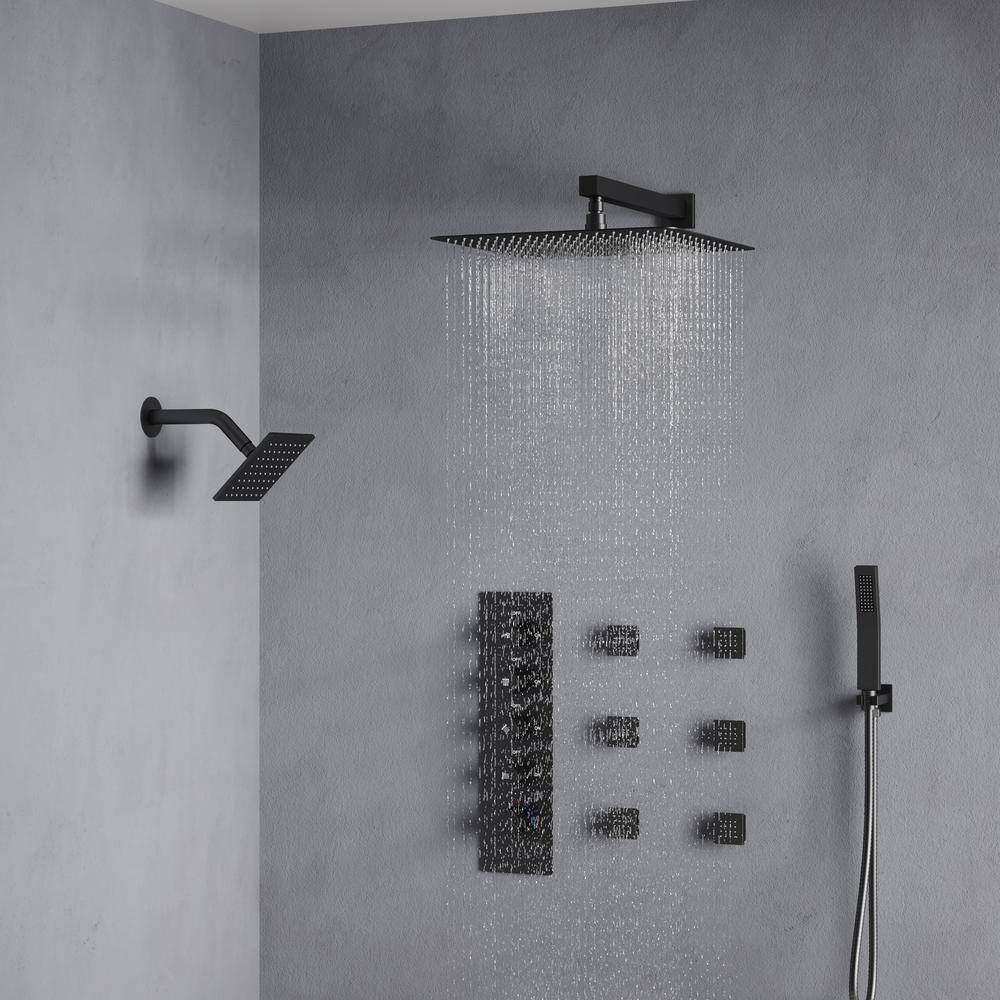Matte Black Dual Shower Head System with Thermostatic Valve and Body Jets
