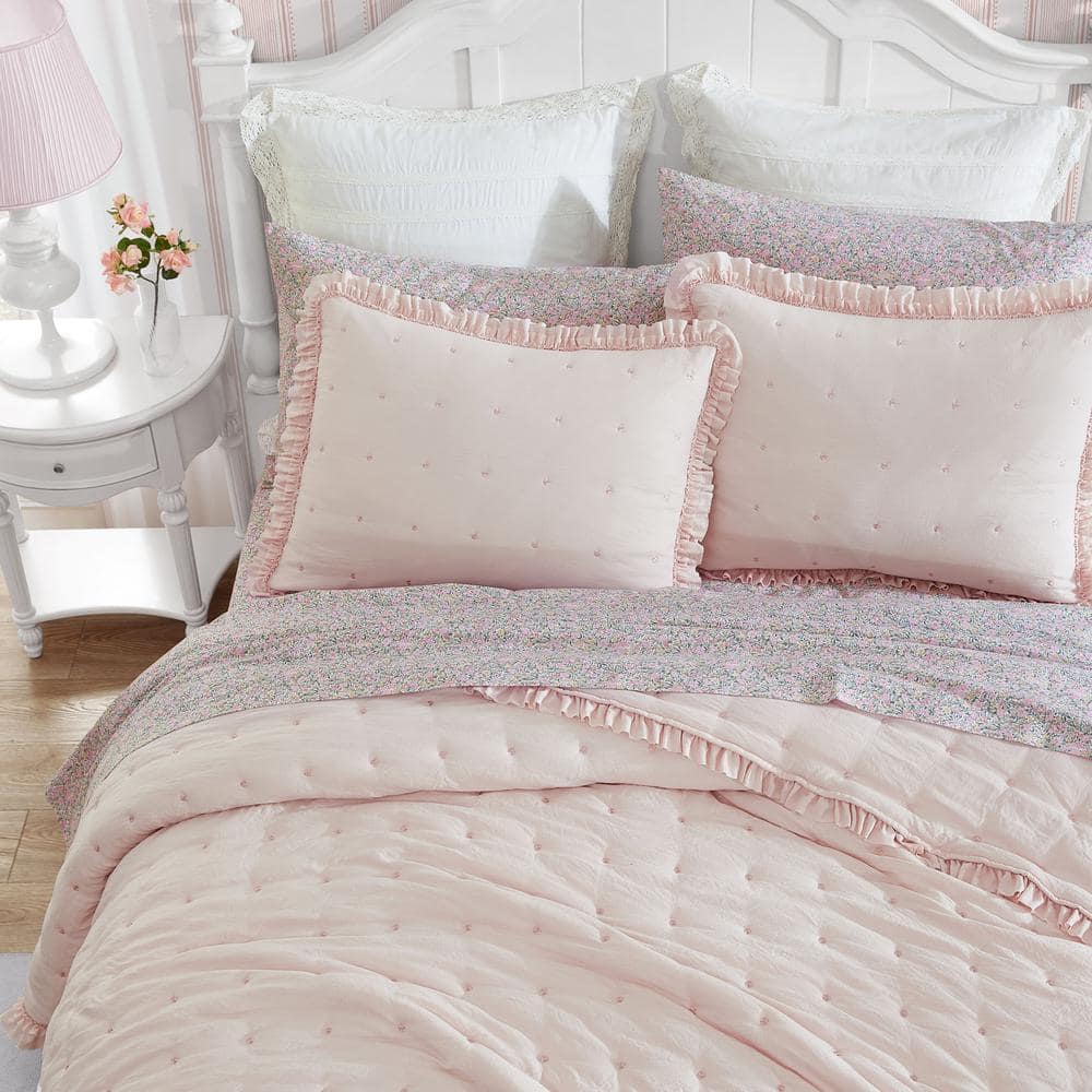 Hailee Pink Microfiber Twin Quilt Set with Ruffles