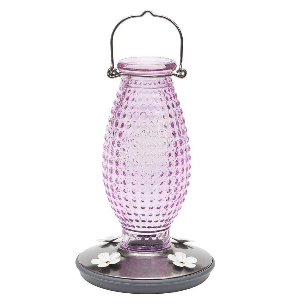 Cranberry Hobnail Glass and Metal Hummingbird Feeder
