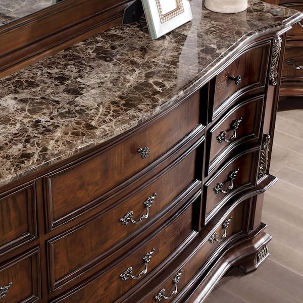 Furniture of America Wrea Traditional Marble Top 11-Drawer Dresser - Brown Cherry