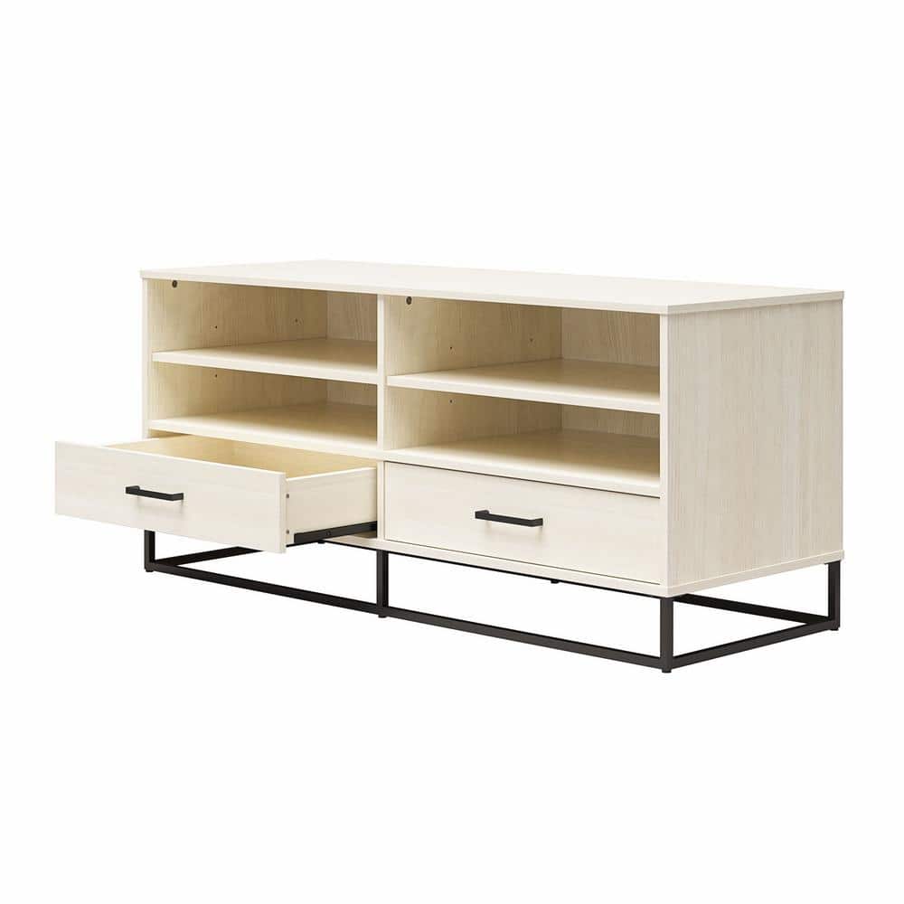White Engineered Wood TV Stand with Adjustable Shelves and Metal Handles