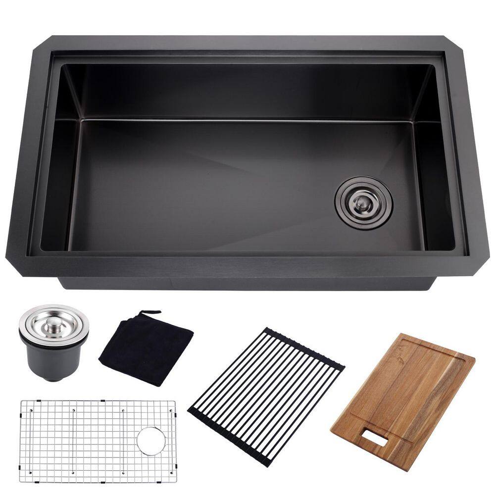 32 in. Drop-In/Undermount Single Bowl 16 Gauge Black Stainless Steel Kitchen Sink with Bottom Grids and Cutting Board price history on PriceWatchPro