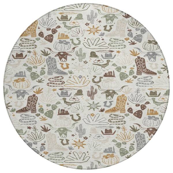 Chantille Machine Washable Indoor/Outdoor Abstract ACN2512 Ivory 8 ft. x 8 ft. Round Rug