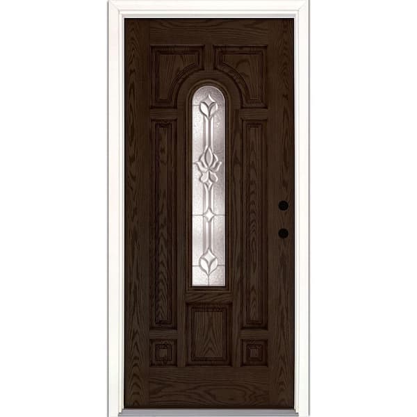 Feather River Doors 37.5 in. x 81.625 in. Medina Zinc Center Arch Lite Stained Walnut Oak Left-Hand Inswing Fiberglass Prehung Front Door