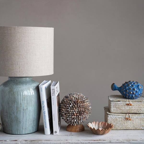 Set Of 2 Modern Ceramic Table Lamps - 37cm, Off-White With Teal Shades, Bedside Lights