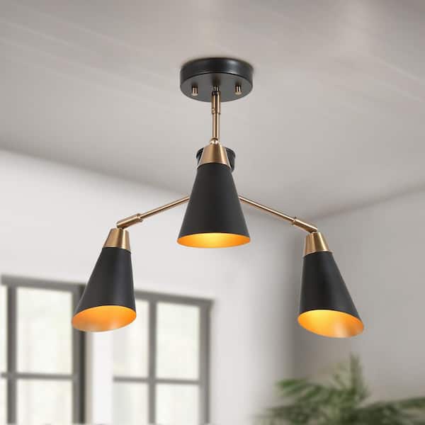 Zevni 22 in. 3-Light Black/Gold DIY Semi-Flush Mount, Modern Farmhouse Brass Ceiling Light with Cone Shades for Dining Room
