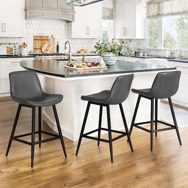 Abraham 24 in. Dark Gray Metal Counter Height Bar Stool Faux Leather Bucket Bar stool with Back Counter Stool Set of 3