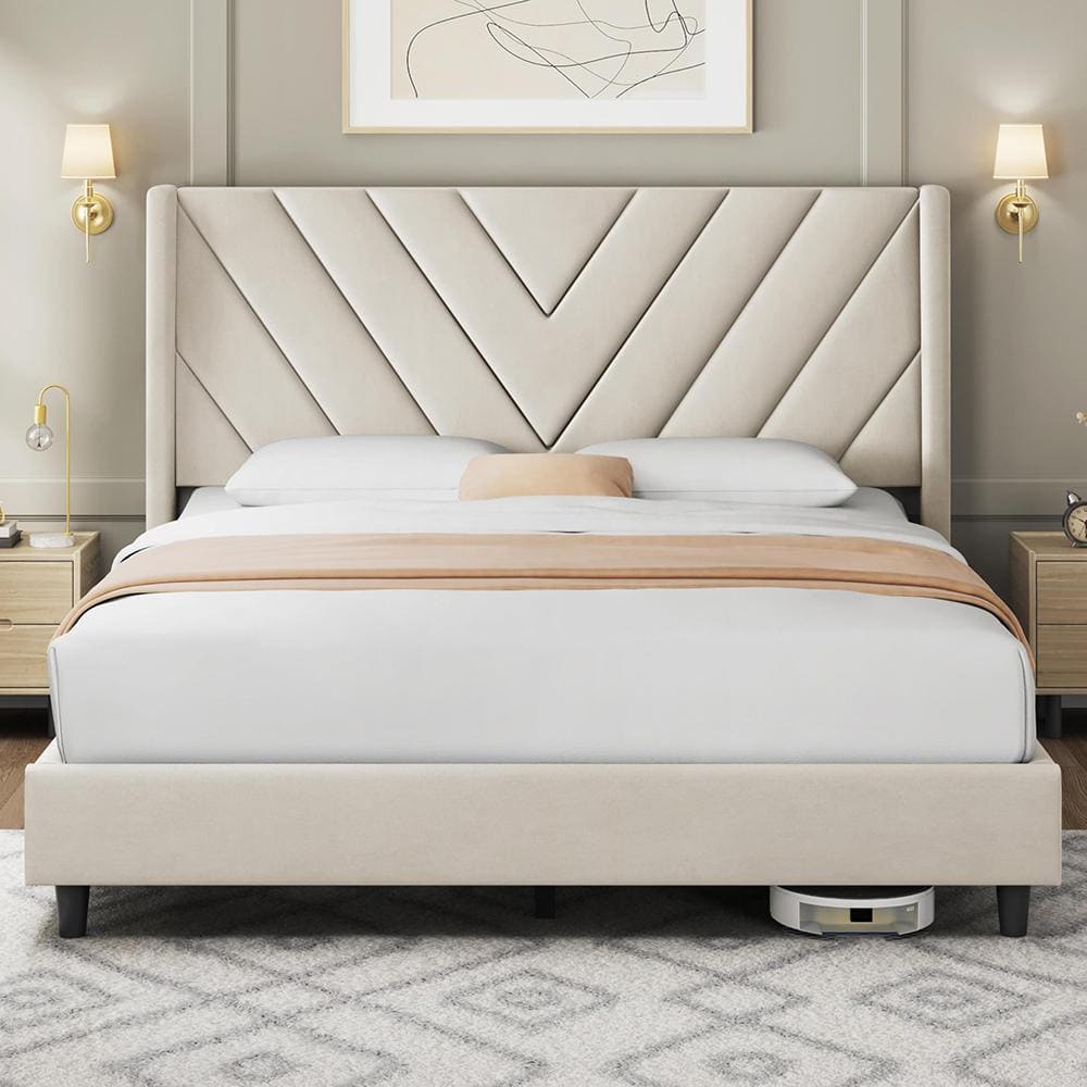 12 in. Beige Wooden Queen Size Platform Bed Frame with Headboard price history on PriceWatchPro
