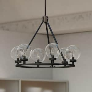 Lander 6-Light Matte Black Transitional Wheel Chandelier with Clear Glass Globes