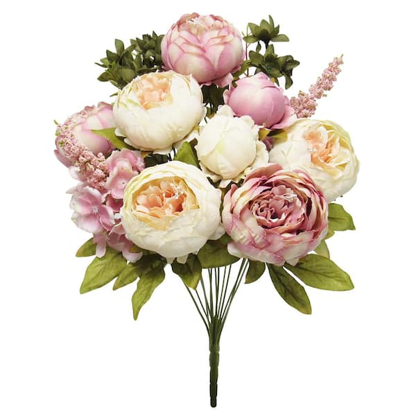 LIVING LUXURY 19 in. Champagne Mauve Pink Artificial Mixed Peony Hydrangea Flower Stem Bush Bouquet