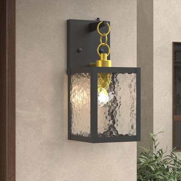 Maxax Hawaii Black 15.5 in. H Dusk to Dawn Outdoor Hardwired Lantern Sconce with Clear Hammered Glass