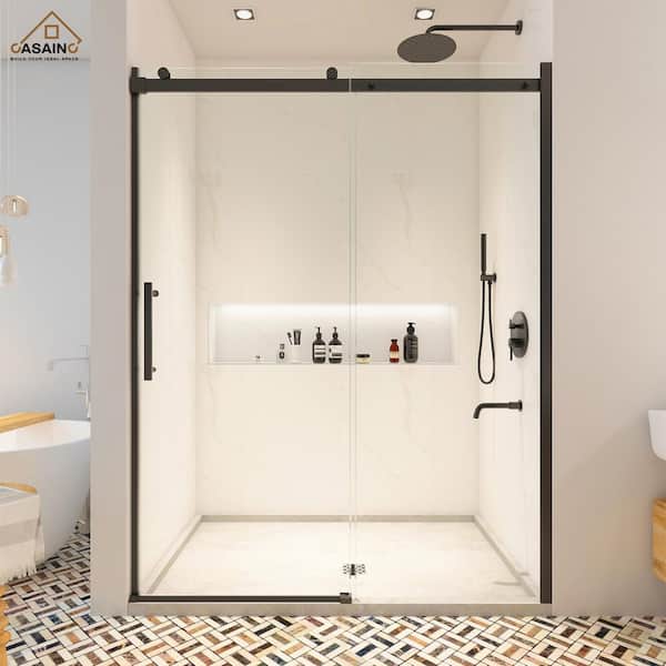 CASAINC 60 in. W x 76 in. H Frameless Single Sliding Shower Door in Matte Black with Clear Shower Glass