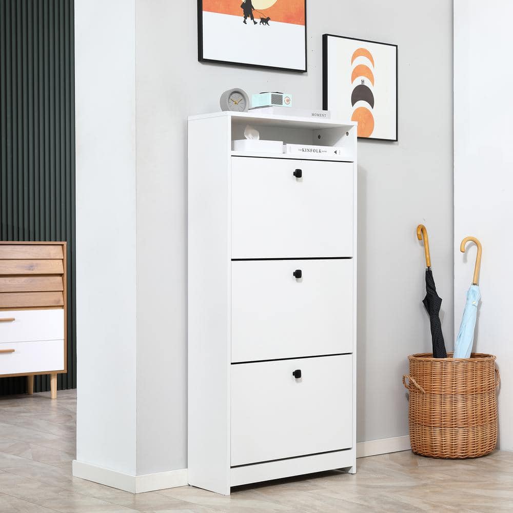 White Slim Wooden Shoe Cabinet with 3 Fold-Out Drawers