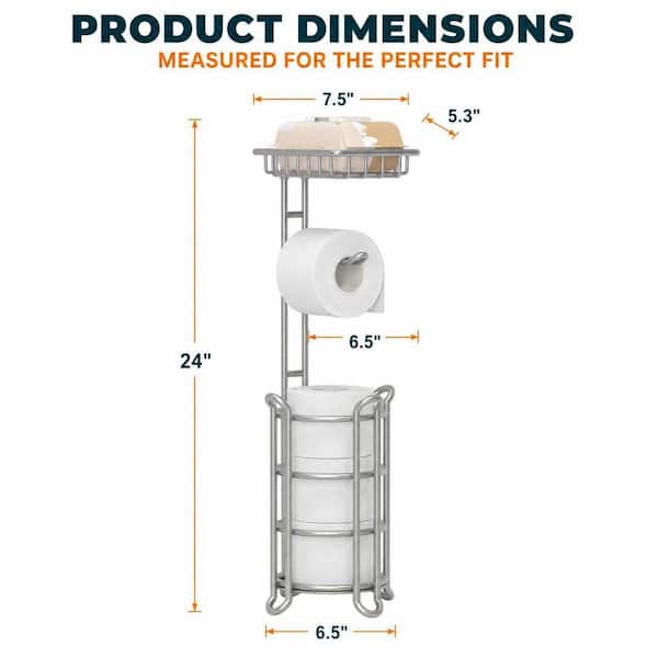 Freestanding Tissue Paper Roll Dispenser with Shelf, Toilet Paper Holder Stand for Bathroom Storage, Silver