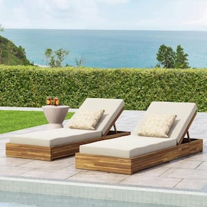 Ian Teak Brown 2-Piece Wood Outdoor Patio Chaise Lounge with Cream Cushions
