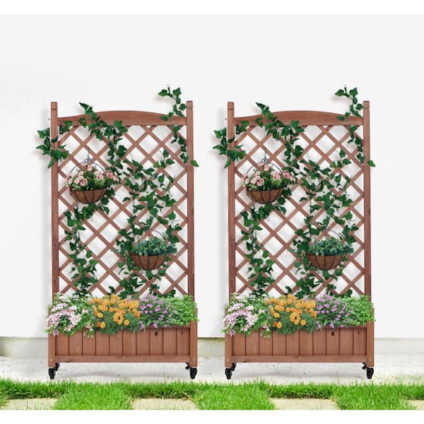 2-Pieces Wood Planter with Trellis Outdoor Raised Garden Bed 25 in. x 11 in. x 42.3 in. Standing Trellis Planter Box