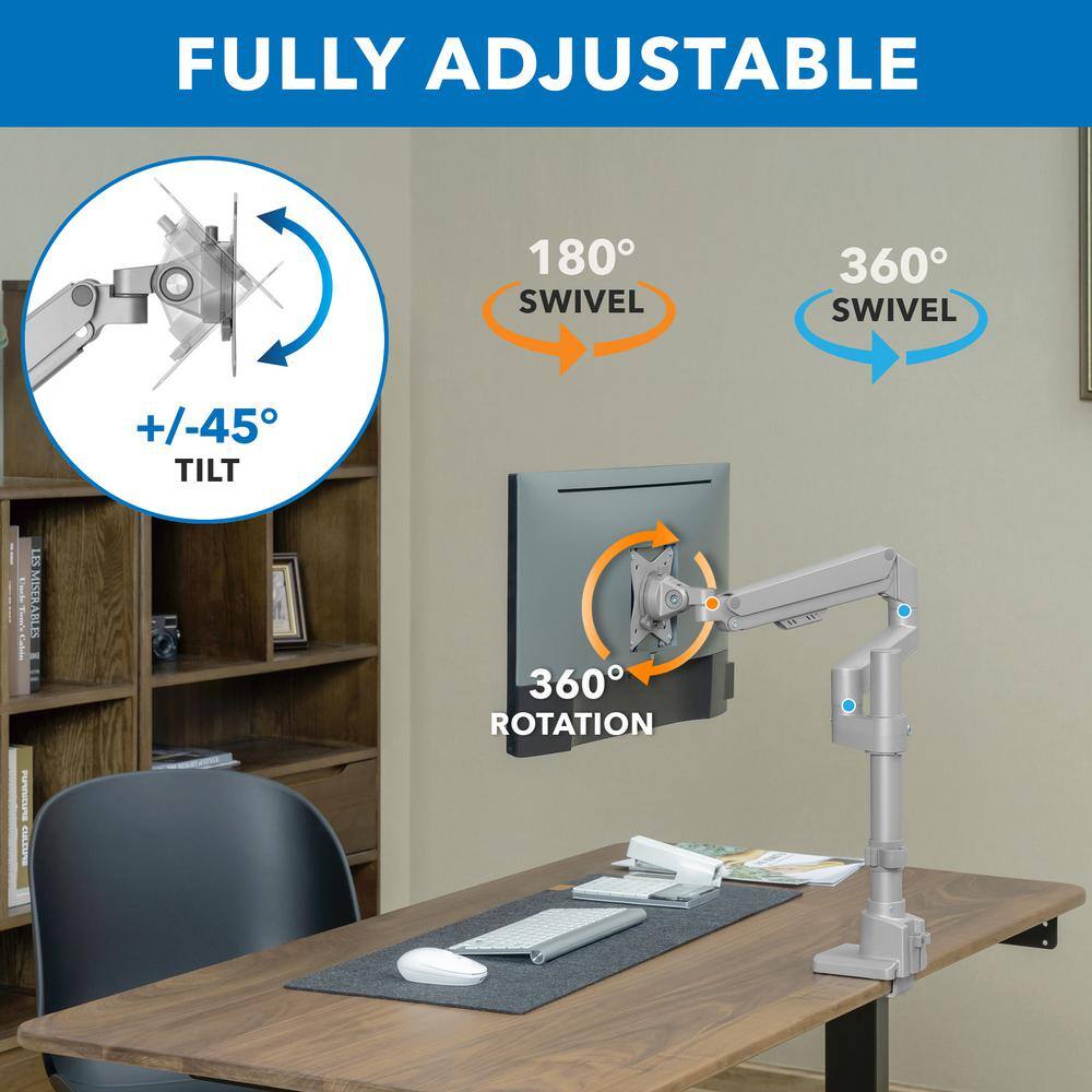 Silver Adjustable Gas Spring Single Monitor Desk Mount