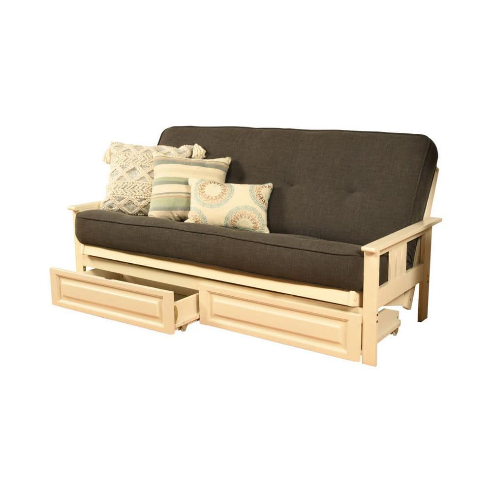 79 in. Antique White/Linen Charcoal Linen Upholstered Full Size Futon Set with Mattress and Storage Drawers