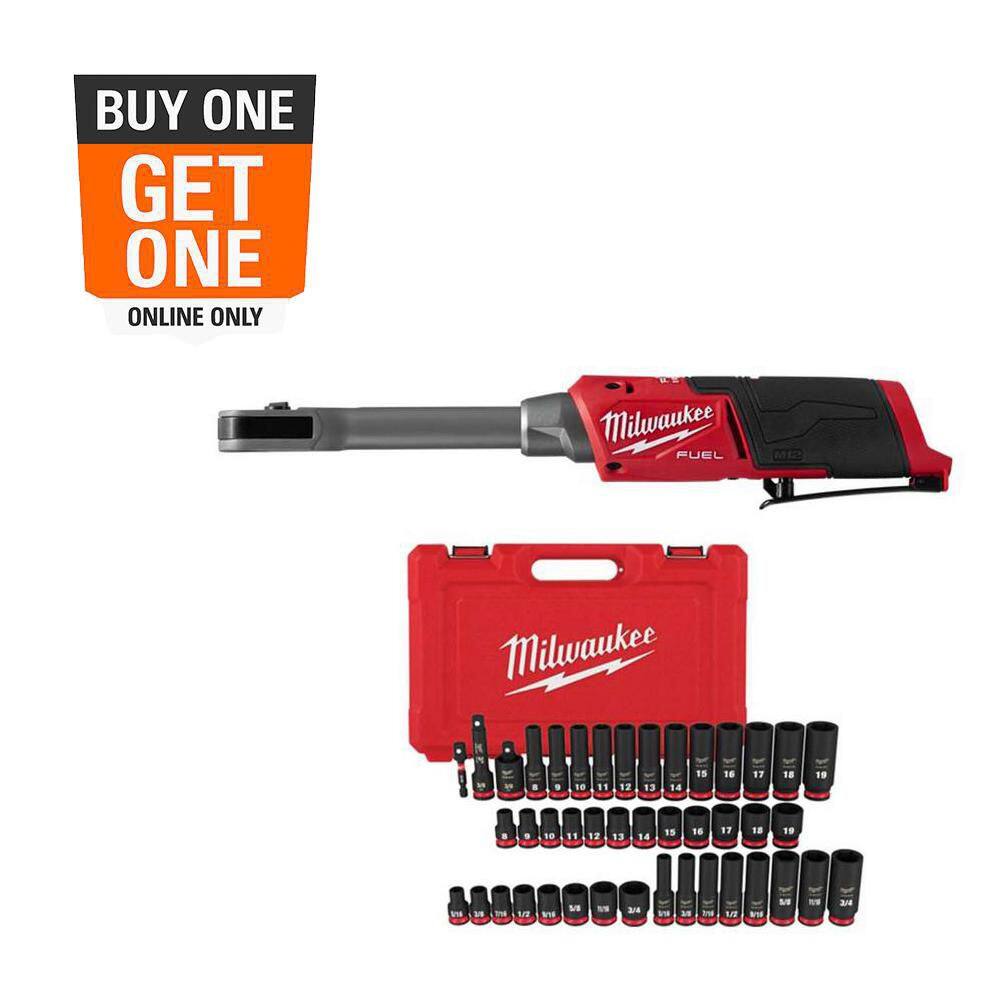 Milwaukee M12 FUEL INSIDER 12V Lithium-Ion Brushless Cordless 1/4in.-3/8in. Extended Reach Box Ratchet w/6 Point Impact Socket Set 3050-20-49-66-7009