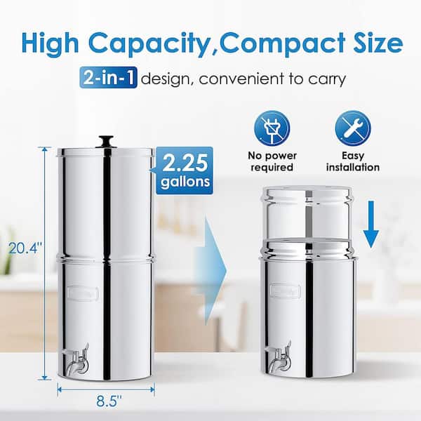 Gravity-fed Water Filter System 2.25 Gallon, Stainless Steel Water Purifier  System with 2 Water Filter, Sight Glass Spigot and Stand, Refreshing Water