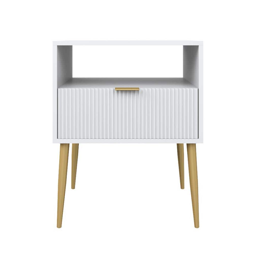 Jacklyn White and Gold Mid-Century Modern Nightstand with Drawer