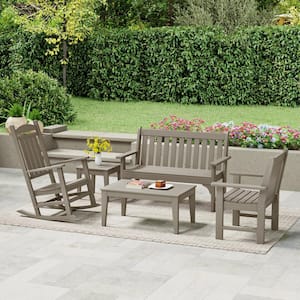 Laguna Outdoor Patio HDPE All Weather Fade Resistant 5-Piece Bench and Rocking Chair Conversation Set in Weathered Wood