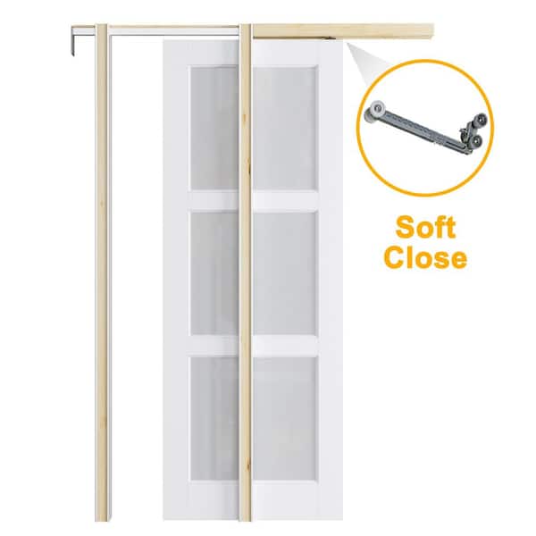 ARK DESIGN 36 in. x 80 in. 3-Lite Frosted Glass Primed Door with Solid Core Pine Pocket Door Frame and Hardware (Soft Close Incl)