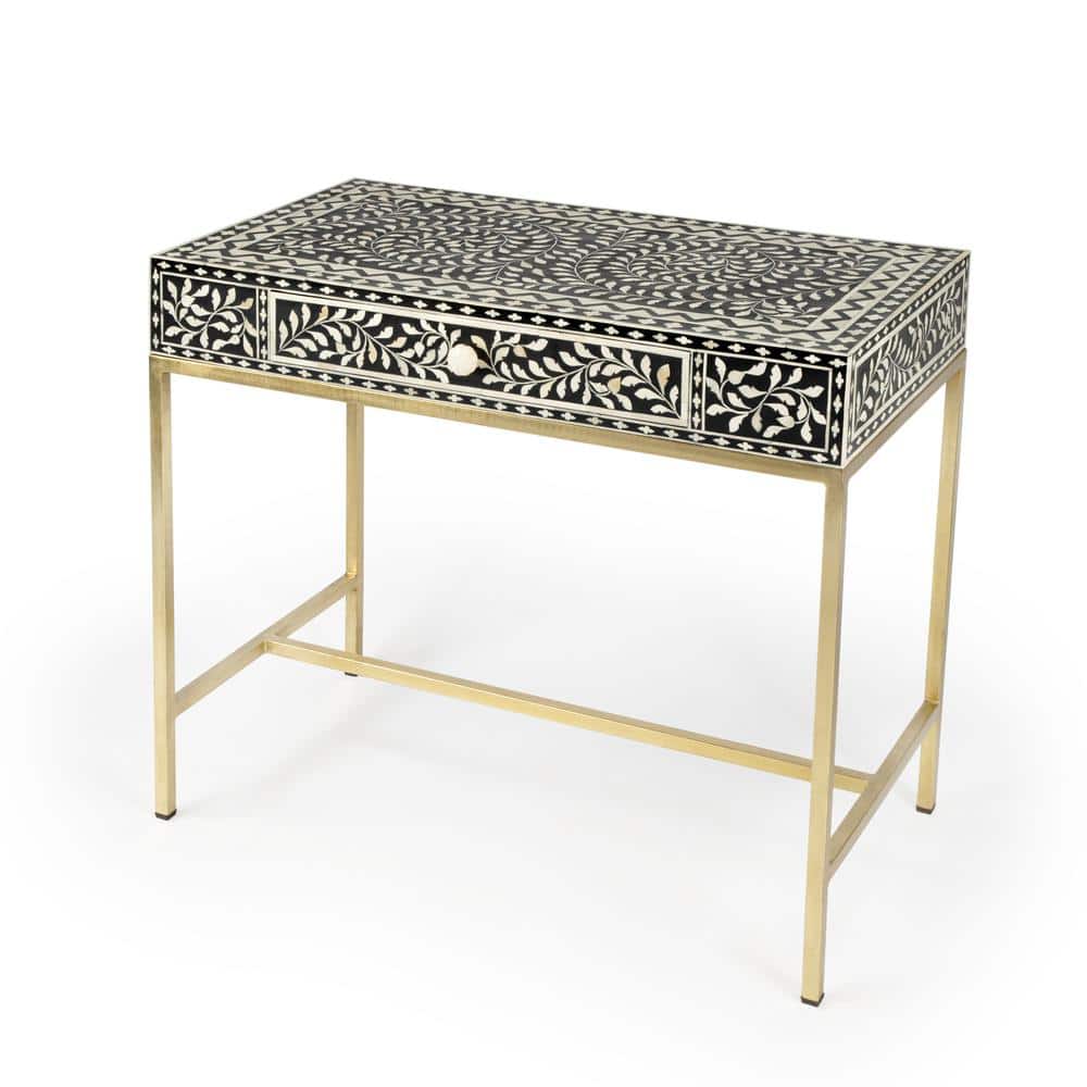 Black Bone Inlay Writing Desk with Drawer, 36"