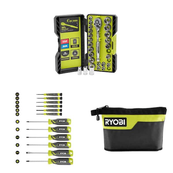 Screwdriver Set with Cushion Grip Handles, 12 in. Zipper Pouch and 1/4 in. Drive Ratchet and Socket Set (40-Piece)