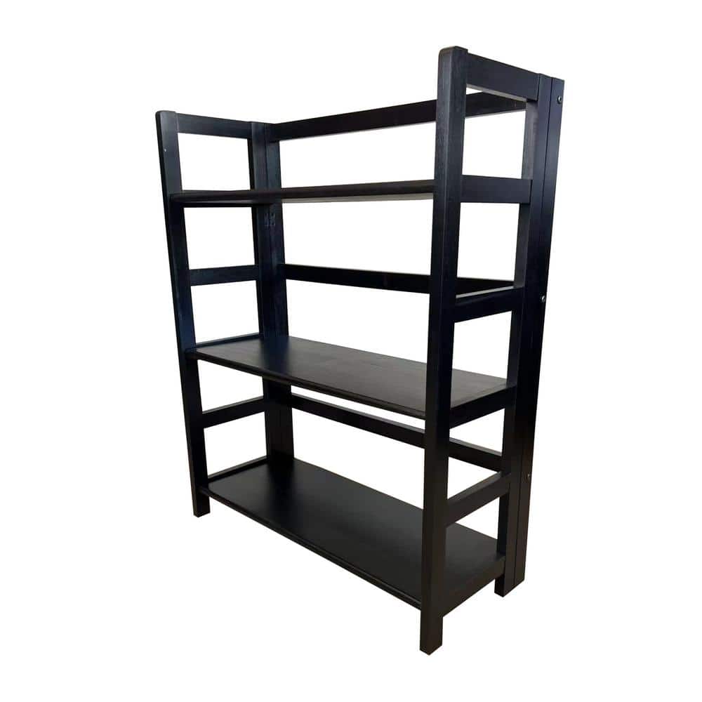 Black acacia 3-shelf folding etagere bookcase viewed from a opposite 3/4 angle.