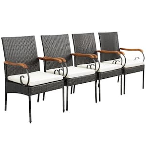 4-Pieces Patio PE Wicker Outdoor Dining Chairs Acacia Wood Armrests with Soft Zippered Off White Cushion