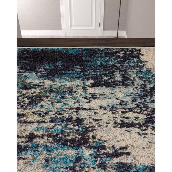 2 ft. x 12 ft. Blue Abstract Washable Area Rug