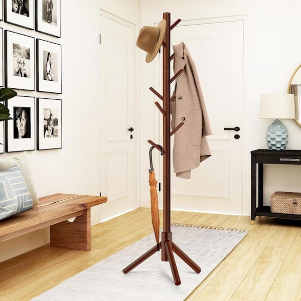Freestanding Coat Rack Natural Wood with 8-Hooks Adjustable Height Space Saving for Entryway Bedroom Office