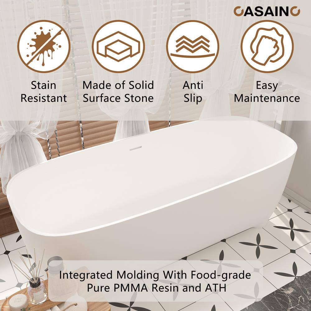 67" White Solid Surface Freestanding Soaking Bathtub
