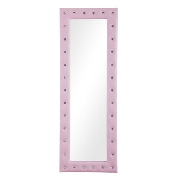 HOMESTOCK 22 in. W x 63 in. H Modern Crystal Tufted Rectangle Framed Pink Leaning Mirror