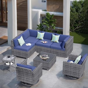 Artemis Gray 8-Piece Wicker Patio Conversation Seating Sofa Set with Denim Blue Cushions and Swivel Rocking Chairs