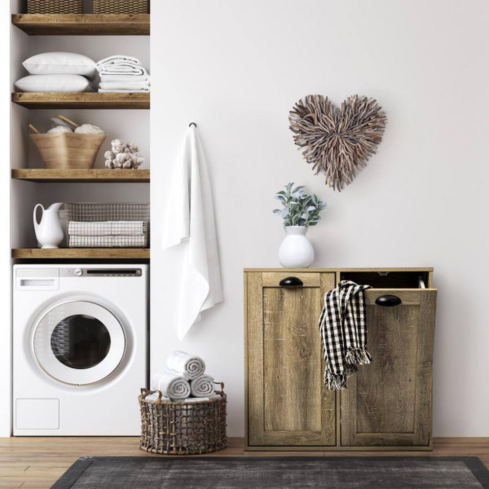 Oak Finish Tilt-Out Laundry Sorter Cabinet