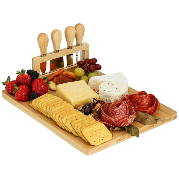 14 in. Bamboo Charcuterie and Cheese Board with Knife Stand Attachment and 4 Piece Knife Set
