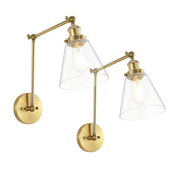 WINGBO Swing Arm Adjustable Wall Lamps Set of 2 Brass Hardwired Light Fixture Up Down Glass Shade