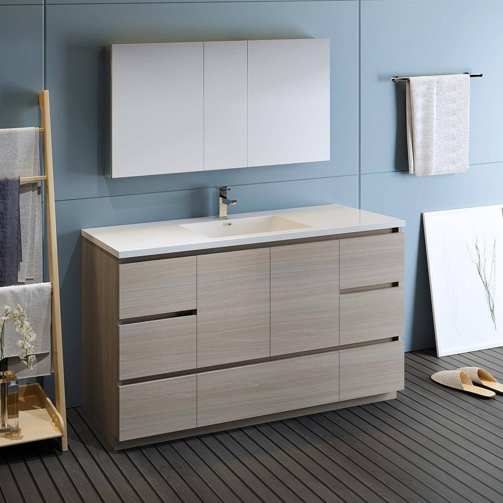 Modern 59'' Gray Acrylic Single Sink Vanity Set with Medicine Cabinet