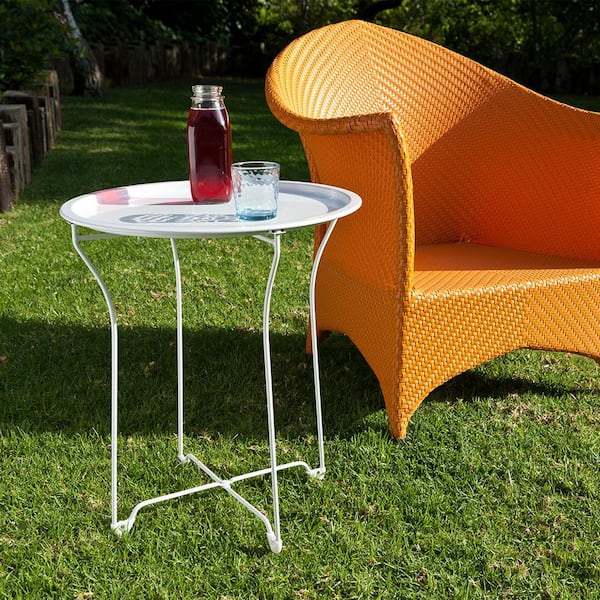 Zeus & Ruta Round White Metal Tray End Side Table, Removable Tray Coffee Table, Telephone Table for Outdoor and Indoor Porch