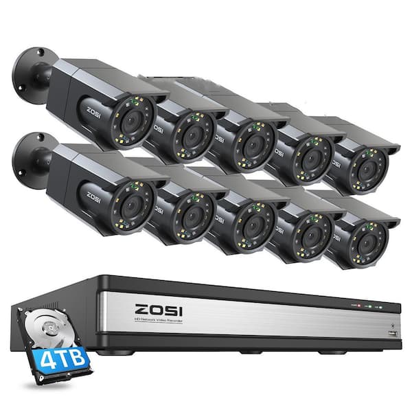 ZOSI 16-Channel 8 MP 4K PoE 4TB NVR Security Camera System with 10 Wired Spotlight Cameras, Night Vision, Human Detection