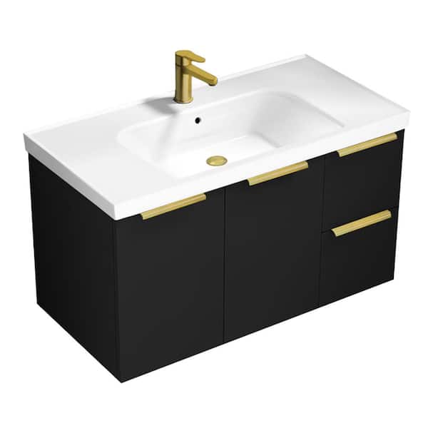 Frame 35.4 in. Modern Freestanding Bath vanity in Matte Black with White Ceramic Top