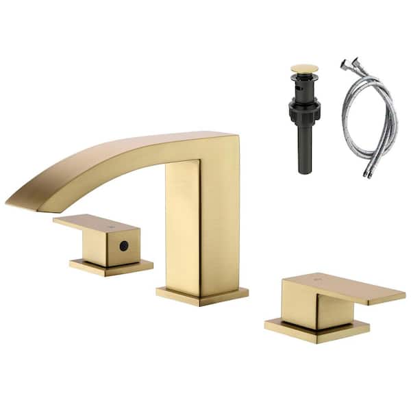 8 in. Widespread Double Handle Grille Shape Waterfall Spout Bathroom Sink Faucet with Pop Up Drain in Brushed Gold