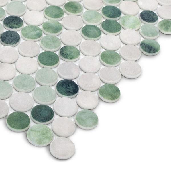 Penny Round Mixed Green 10 in. x 11 in. Recycled Glass Cement Looks Floor and Wall Mosaic Tile (8 sq. ft./Case)