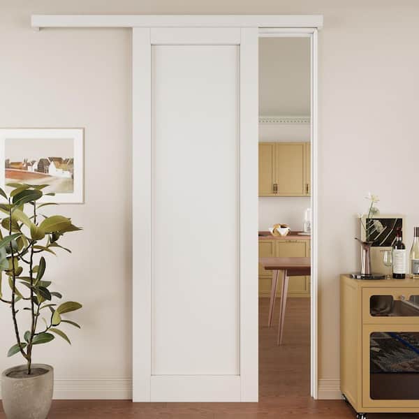 ARK DESIGN 32 in. x 96 in. Hidden Track Style Paneled 1-Lite White Primed MDF Sliding Barn Door with Hardware Kit